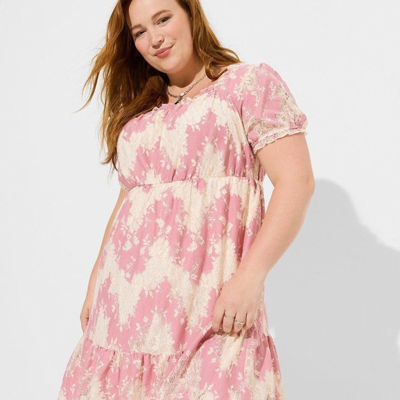 torrid Dresses & Skirts - Torrid - Mini Two Tone Lace Tiered Babydoll Dress in Foxglove Pink & Ivory